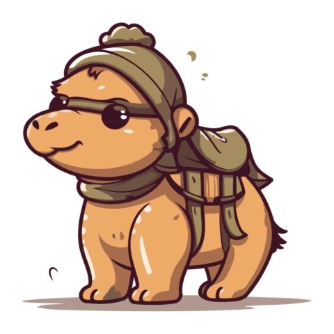 Cute camel with a backpack on his back. Vector illustration.