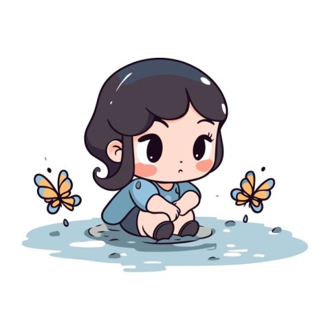 Little girl sitting on a puddle with butterflies. Vector illustr