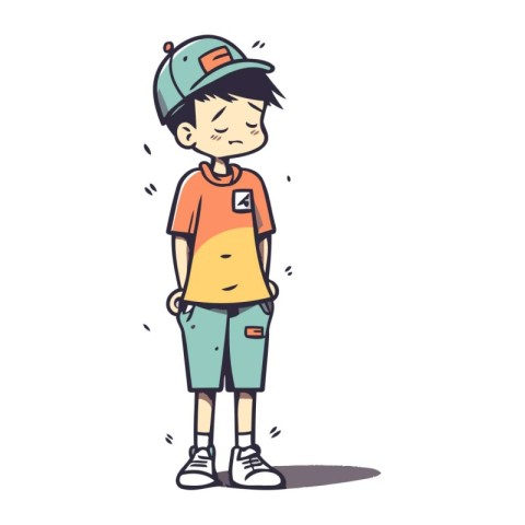 Cute little boy wearing baseball cap and shorts. Vector illustra