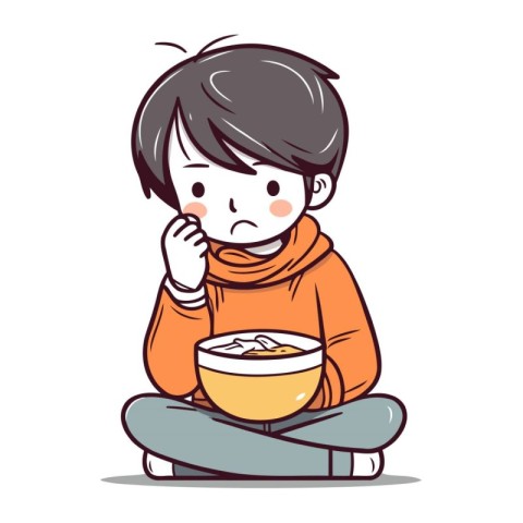 Illustration of a little boy who eats a bowl of noodle