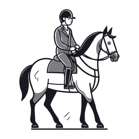 Jockey riding a horse. black and white vector illustration graph