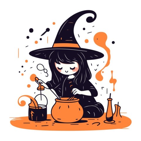 Cute little girl in witch costume making magic potion. Vector il