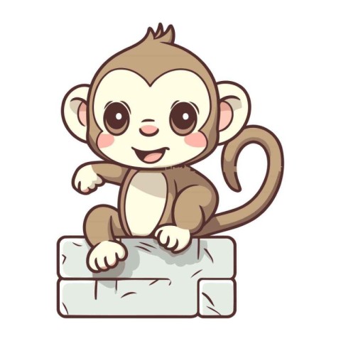 Cute little monkey sitting on brick wall cartoon vector illustra