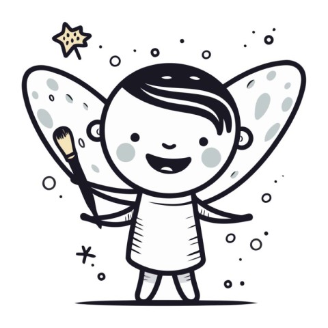 Cute little boy with wings and paintbrush. Vector illustration.