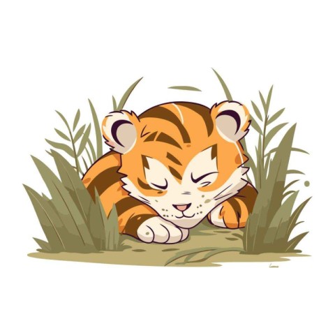 Cute tiger lying in the grass. Vector illustration isolated on w