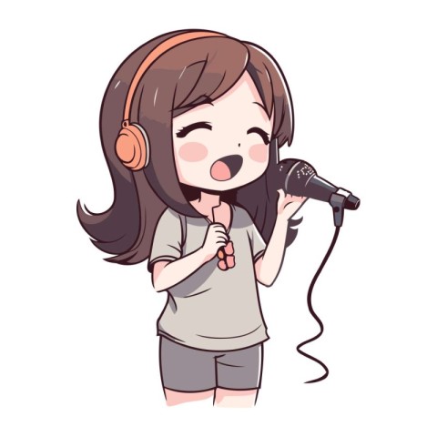 Illustration of a cute little girl singing karaoke with headphon