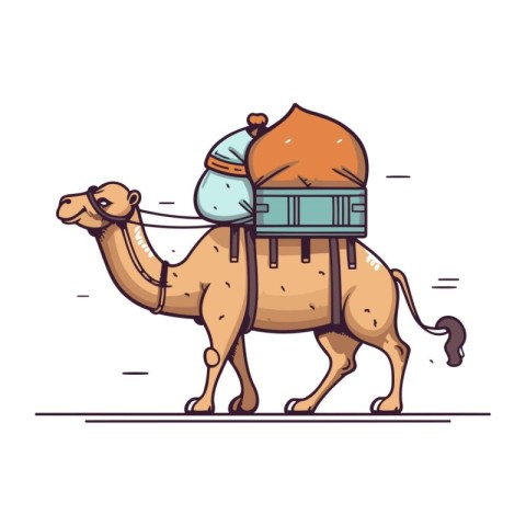 Camel with a backpack. Vector illustration in flat cartoon style