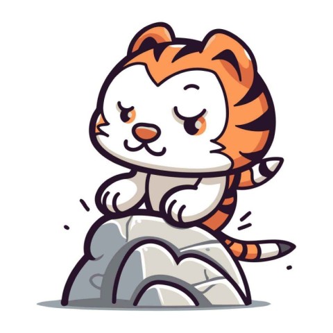 Cute cartoon tiger sitting on the rock. Vector illustration isol