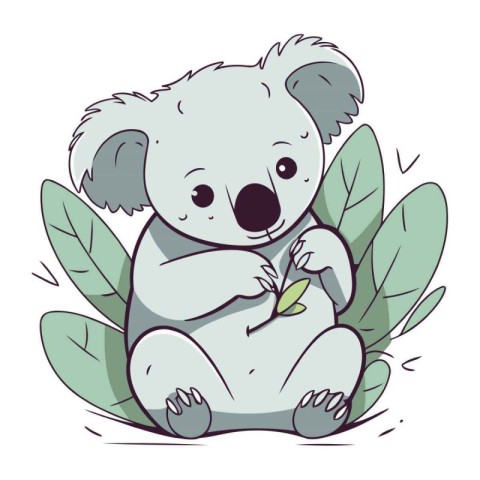 Cute koala sitting on the green leaves. Vector illustration.