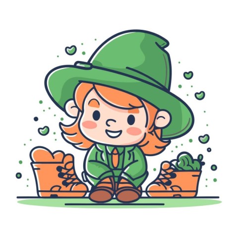 Cute little girl in leprechaun costume. Vector illustration.