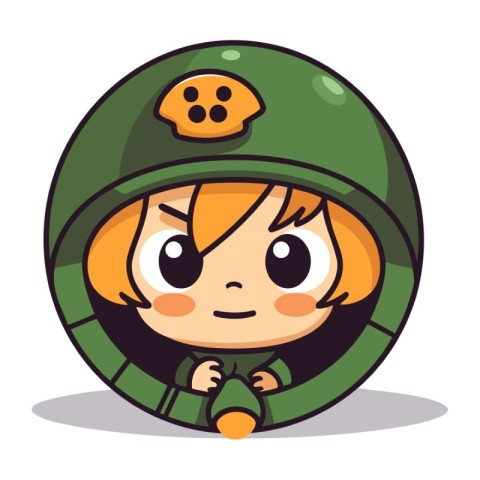 Cute astronaut girl in green helmet. Cute cartoon vector illustr