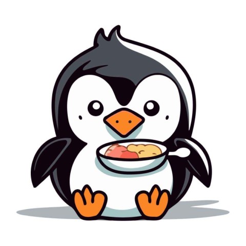 Cute penguin with a bowl of food. Vector illustration.