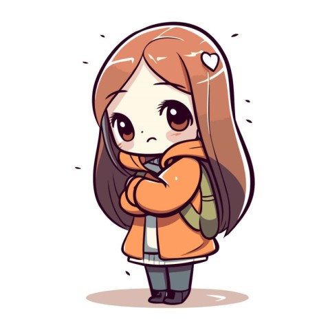 Cute little girl with long hair in winter clothes. Vector illust