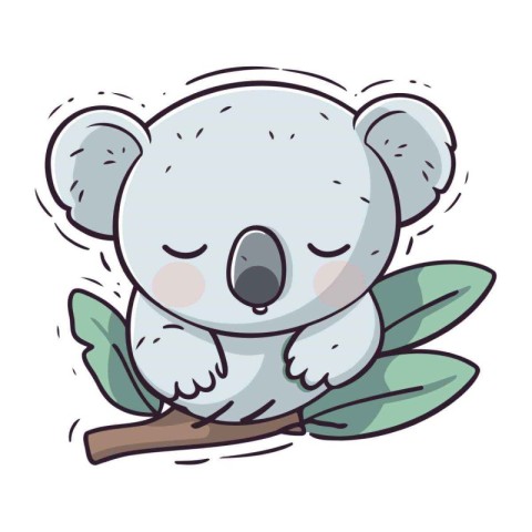 Cute koala sleeping on a branch with leaves. Vector illustration