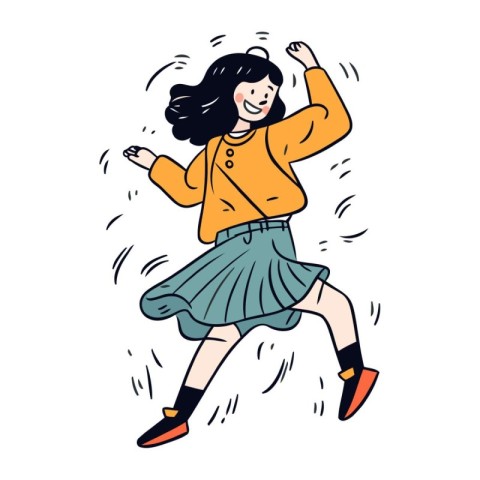 Happy girl jumping and dancing. Vector illustration in cartoon c