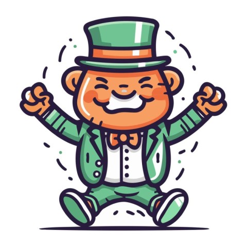 Cartoon leprechaun in green suit. Vector illustration.