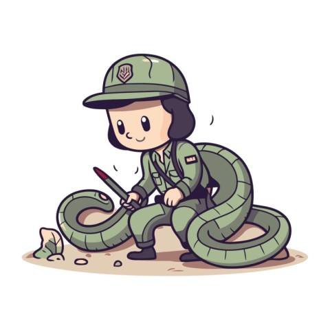 Illustration of a Cute Little Girl in a Green Army Uniform Playi