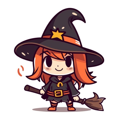 Cute little witch girl with broom and hat. Vector illustration.