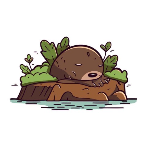 Cute cartoon otter resting on a rock. Vector illustration.