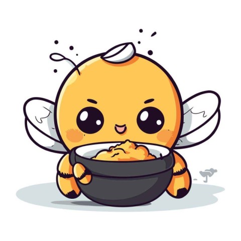 Illustration of a Cute Cartoon Honey Bee with a Bowl of Honey