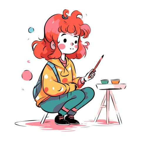 Cute little girl painting with brush and paints. Vector illustra