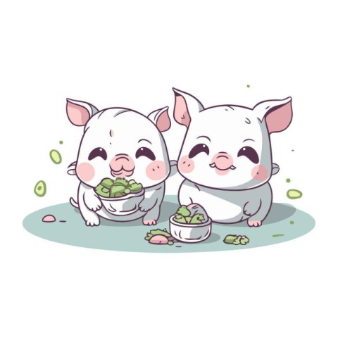 Cute pig and pork with a bowl of green peas. Vector illustration