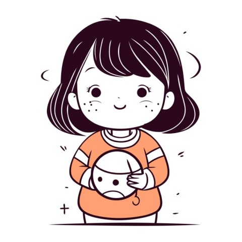 Vector illustration of a cute little girl holding a newborn baby