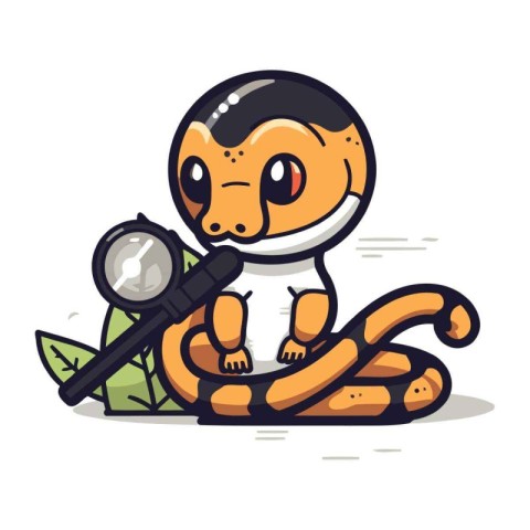 Cute snake holding a magnifying glass. Vector illustration on wh