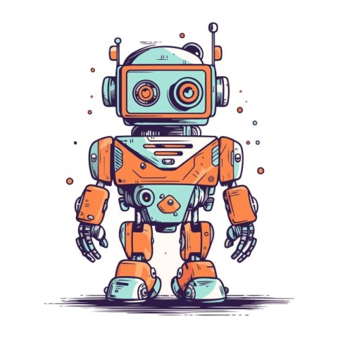 Retro robot hand drawn vector illustration. Isolated on white ba