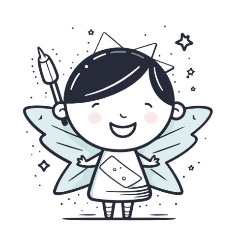 Cute little angel holding a paintbrush. Cartoon vector illustrat