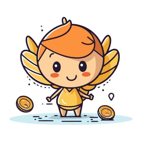 Cute cupid with gold coin. Vector cartoon character illustration