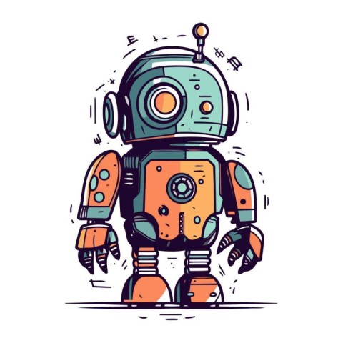 Vector illustration of cute cartoon robot in flat line style. Ro