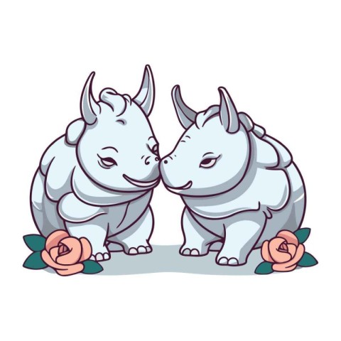 Rhinoceros couple. Cartoon vector illustration isolated on white