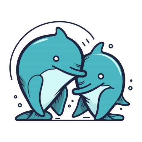 Two dolphins in love. Vector illustration in doodle style.