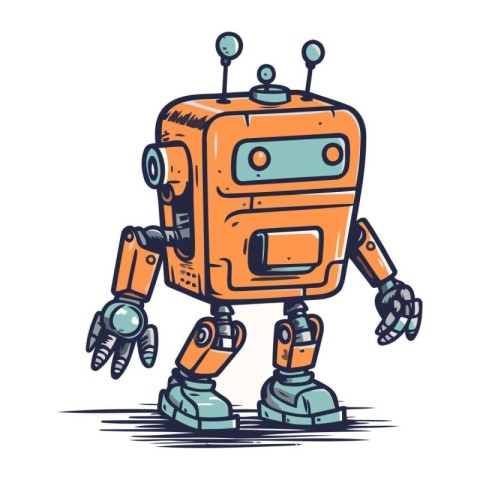 Retro robot hand drawn vector illustration in cartoon comic styl