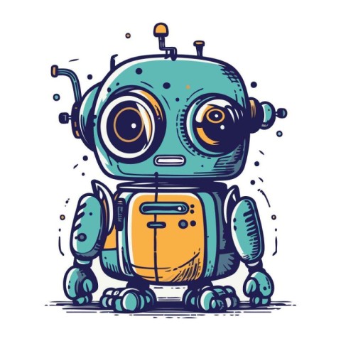 Cute cartoon robot. Hand drawn vector illustration. Isolated on