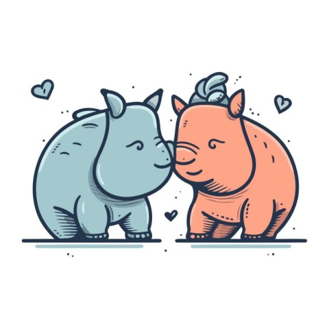 Hippo and rhinoceros in love. Vector illustration.