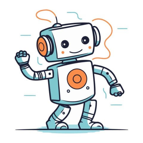 Cute robot with headphones. Vector illustration in line art styl