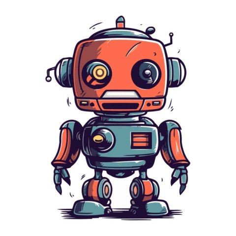 Retro robot hand drawn vector illustration. Isolated on white ba