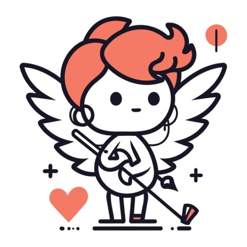 Cute little boy with angel wings. Vector line art illustration.