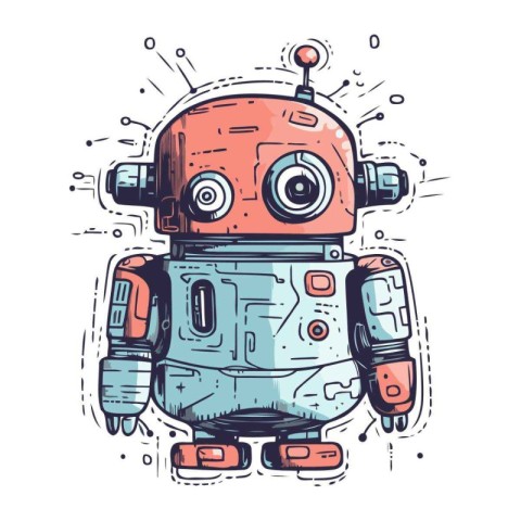 Cute cartoon robot. Hand drawn vector illustration. Isolated on