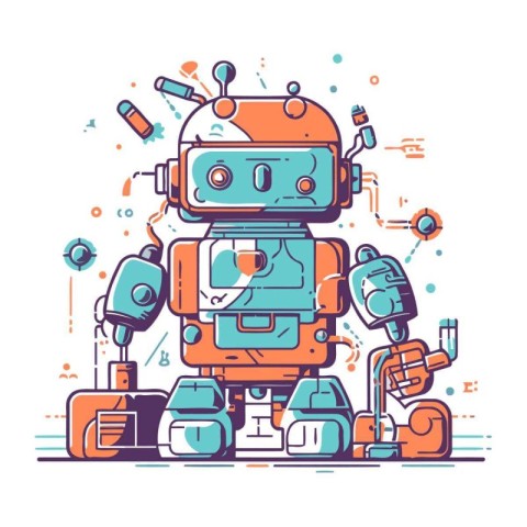 Robot with a set of things for traveling. Vector illustration.