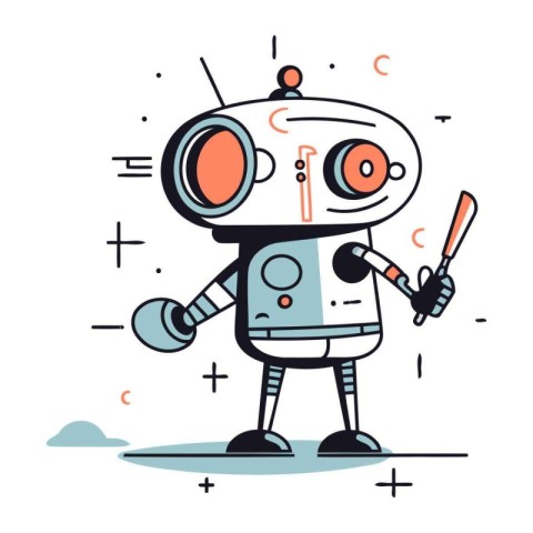 Cute cartoon robot with baseball bat. Vector illustration in lin