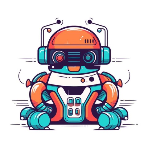 Robot with headphones. Vector illustration on white background.