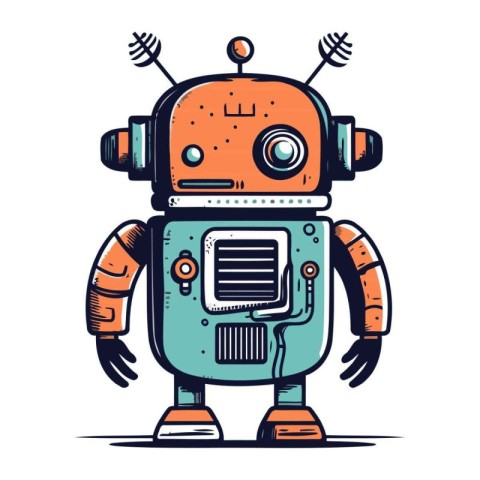 Retro robot. Cartoon vector illustration. Isolated on white back