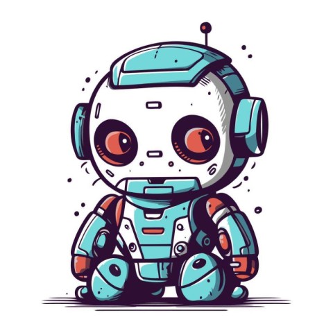 Cute hand drawn robot with headphones. Vector illustration in ca