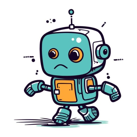 Cute cartoon robot with sad expression on his face. Vector illus