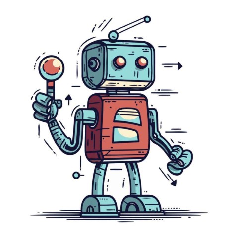 Retro robot with a magnifying glass. Vector illustration in line