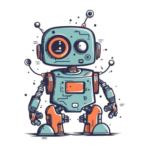 Cute cartoon robot. Hand drawn vector illustration isolated on w