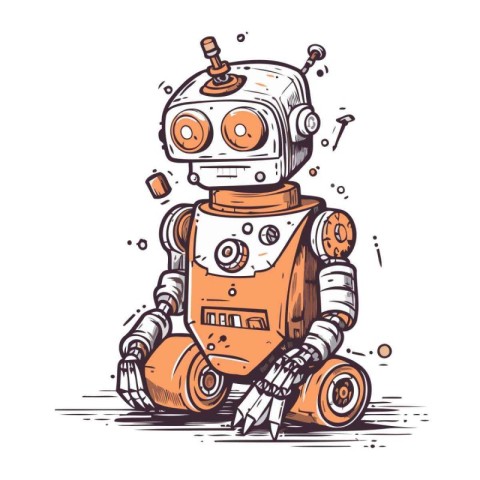 Retro robot. Hand drawn vector illustration. Isolated on white b